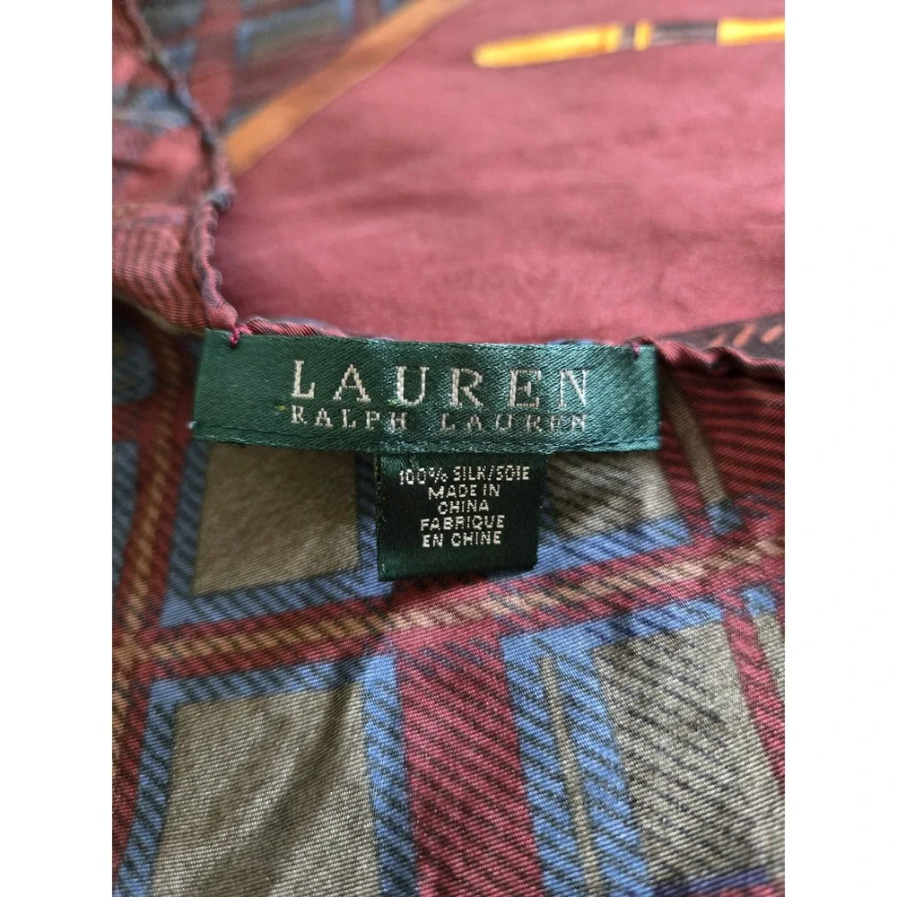 Lauren Ralph Lauren Silk Scarf Burgundy Equestrian Saddle Riding 34x34 Large Sqr